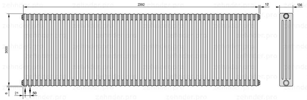 Схема (чертеж) Радиатор Zehnder Charleston 4300/52 №3370 Белый глянцевый RAL 9016